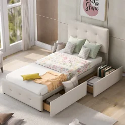 Lit Simple 90x200 cm - avec 2 Tiroirs Pratiques, Tissu Velours Doux, Sans Matelas, Beige