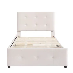 Lit Simple 90x200 cm - avec 2 Tiroirs Pratiques, Tissu Velours Doux, Sans Matelas, Beige