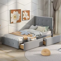 Lit Simple 90x200 cm - avec 2 Tiroirs Pratique, Sans Matelas, Lit Confortable en Velours Gris