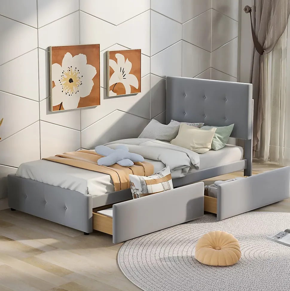 Lit Simple 90x200 cm - avec 2 Tiroirs Pratique, Sans Matelas, Lit Confortable en Velours Gris