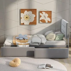 Lit Simple 90x200 cm - avec 2 Tiroirs Pratique, Sans Matelas, Lit Confortable en Velours Gris