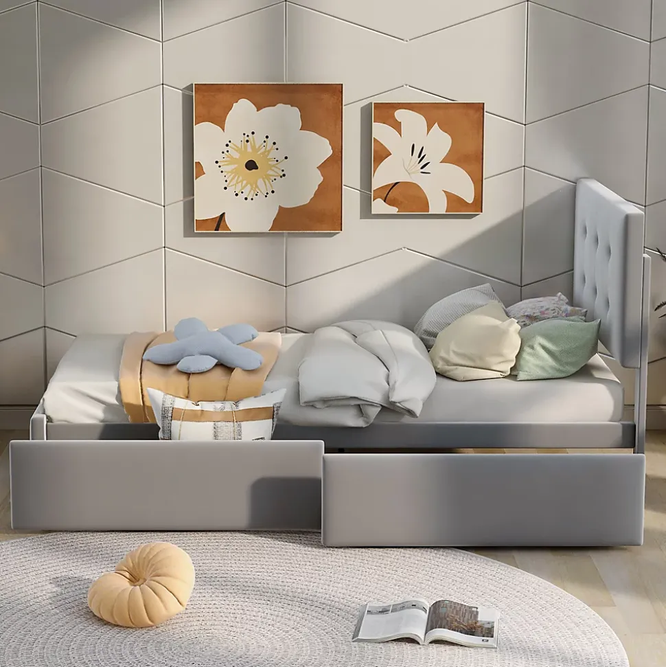 Lit Simple 90x200 cm - avec 2 Tiroirs Pratique, Sans Matelas, Lit Confortable en Velours Gris