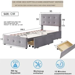 Lit Simple 90x200 cm - avec 2 Tiroirs Pratique, Sans Matelas, Lit Confortable en Velours Gris