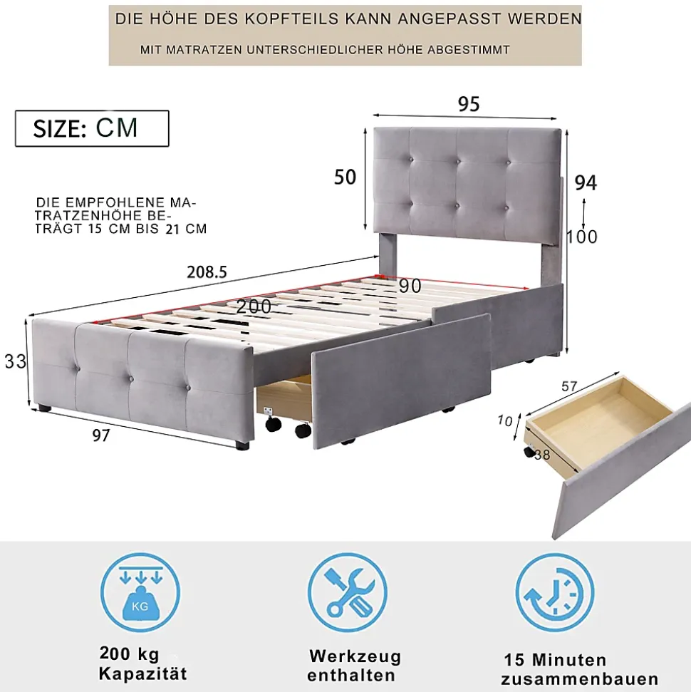 Lit Simple 90x200 cm - avec 2 Tiroirs Pratique, Sans Matelas, Lit Confortable en Velours Gris