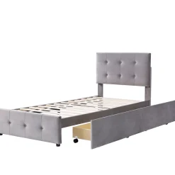 Lit Simple 90x200 cm - avec 2 Tiroirs Pratique, Sans Matelas, Lit Confortable en Velours Gris
