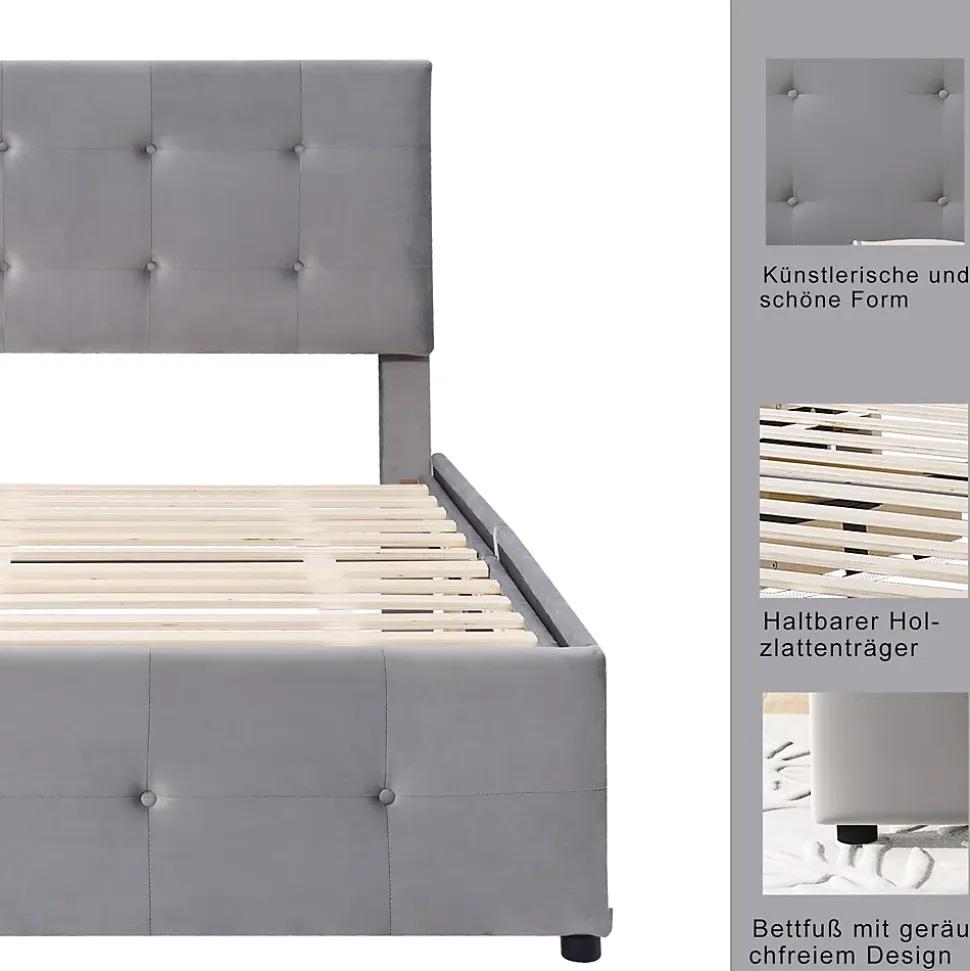 Lit Simple 90x200 cm - avec 2 Tiroirs Pratique, Sans Matelas, Lit Confortable en Velours Gris