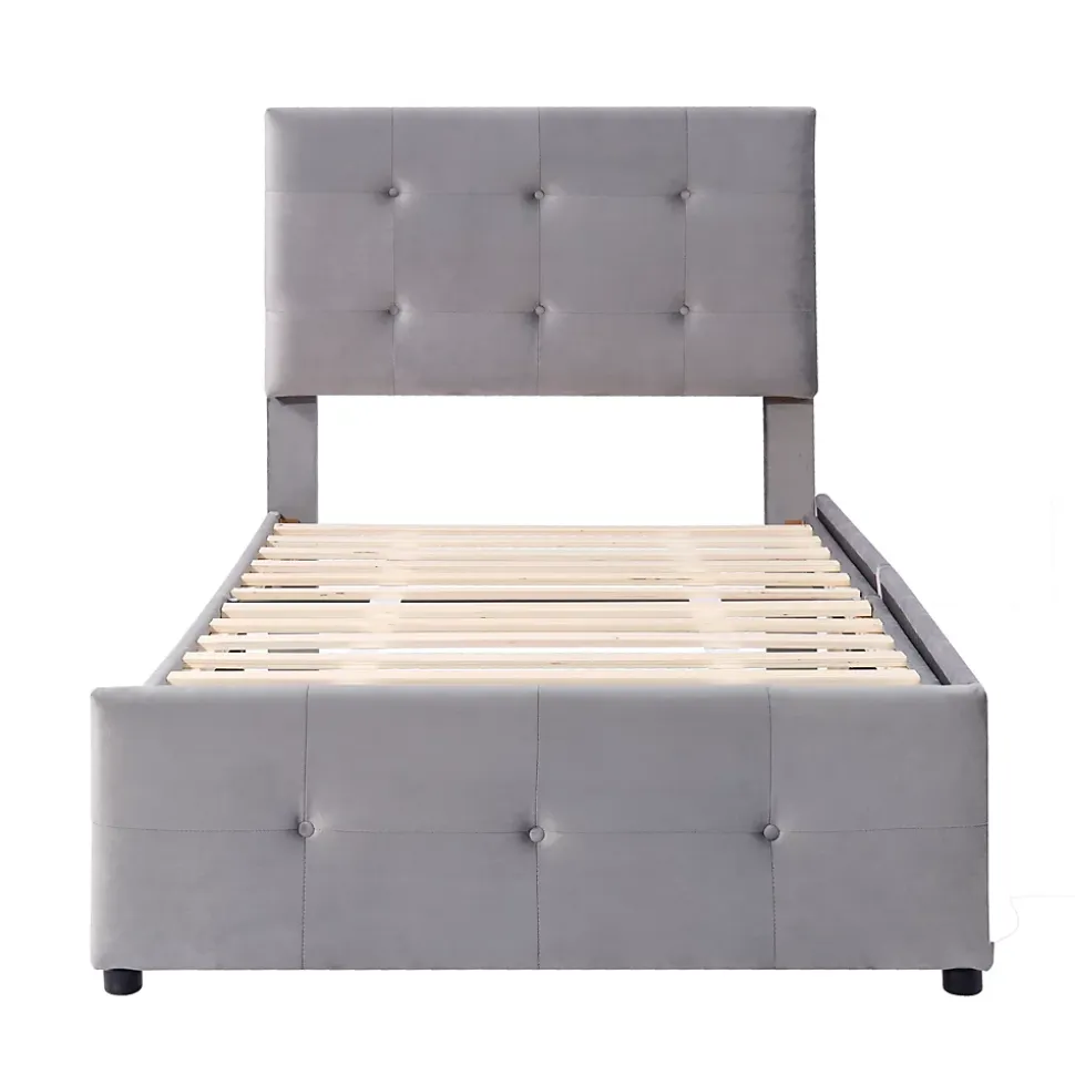 Lit Simple 90x200 cm - avec 2 Tiroirs Pratique, Sans Matelas, Lit Confortable en Velours Gris