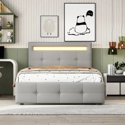 Lit Simple 90x200 cm - avec 2 Tiroirs et Éclairage LED, Lit Confortable en Lin Gris, Rangement Sous Le Lit, Sans Matelas