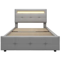 Lit Simple 90x200 cm - avec 2 Tiroirs et Éclairage LED, Lit Confortable en Lin Gris, Rangement Sous Le Lit, Sans Matelas