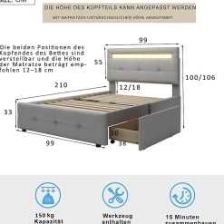 Lit Simple 90x200 cm - avec 2 Tiroirs et Éclairage LED, Lit Confortable en Lin Gris, Rangement Sous Le Lit, Sans Matelas