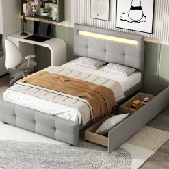 Lit Simple 90x200 cm - avec 2 Tiroirs et Éclairage LED, Lit Confortable en Lin Gris, Rangement Sous Le Lit, Sans Matelas