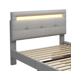 Lit Simple 90x200 cm - avec 2 Tiroirs et Éclairage LED, Lit Confortable en Lin Gris, Rangement Sous Le Lit, Sans Matelas