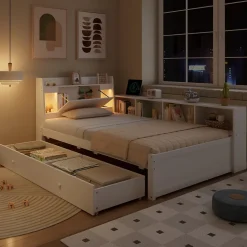 Lit Simple 90x200 cm - avec Rangement, Tiroirs sous le Lit, Chargeur et Lumière Intégrée, en MDF Blanc, Sans Matelas