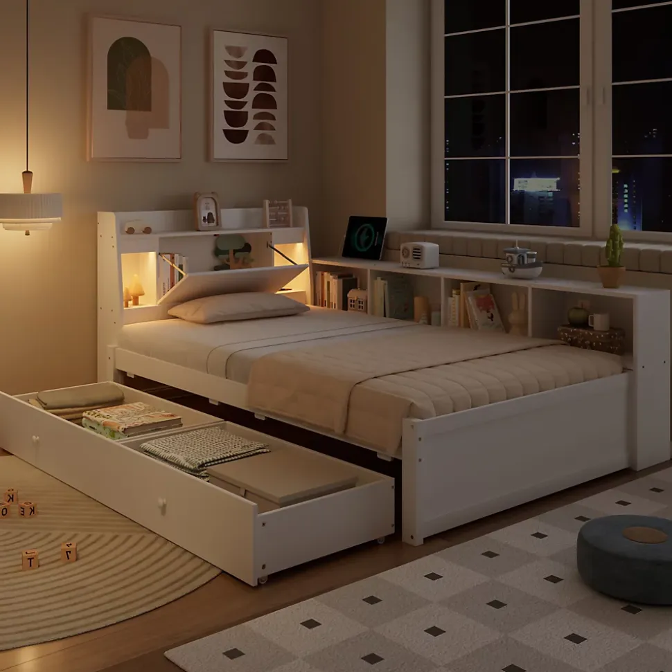 Lit Simple 90x200 cm - avec Rangement, Tiroirs sous le Lit, Chargeur et Lumière Intégrée, en MDF Blanc, Sans Matelas