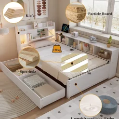 Lit Simple 90x200 cm - avec Rangement, Tiroirs sous le Lit, Chargeur et Lumière Intégrée, en MDF Blanc, Sans Matelas