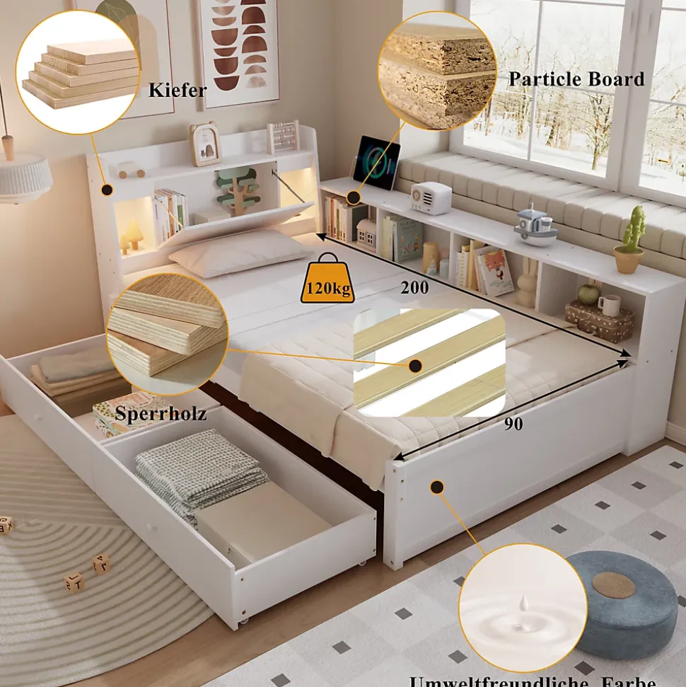 Lit Simple 90x200 cm - avec Rangement, Tiroirs sous le Lit, Chargeur et Lumière Intégrée, en MDF Blanc, Sans Matelas