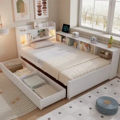 Lit Simple 90x200 cm - avec Rangement, Tiroirs sous le Lit, Chargeur et Lumière Intégrée, en MDF Blanc, Sans Matelas