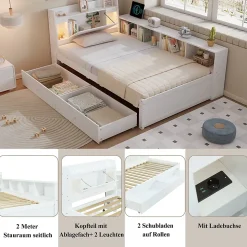 Lit Simple 90x200 cm - avec Rangement, Tiroirs sous le Lit, Chargeur et Lumière Intégrée, en MDF Blanc, Sans Matelas