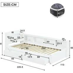Lit Simple 90x200 cm - avec Rangement, Tiroirs sous le Lit, Chargeur et Lumière Intégrée, en MDF Blanc, Sans Matelas