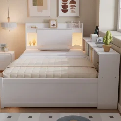 Lit Simple 90x200 cm - avec Rangement, Tiroirs sous le Lit, Chargeur et Lumière Intégrée, en MDF Blanc, Sans Matelas