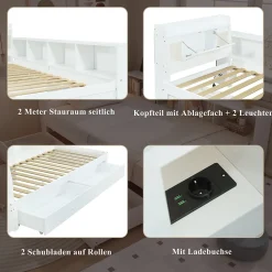 Lit Simple 90x200 cm - avec Rangement, Tiroirs sous le Lit, Chargeur et Lumière Intégrée, en MDF Blanc, Sans Matelas