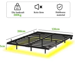 Lit Simple 120x200 cm - Lit Ado Metal avec Éclairage LED et Ports USB, Contrôle Télécommande App, Noir, sans Matelas