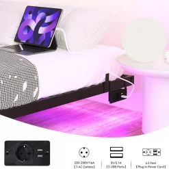 Lit Simple 120x200 cm - Lit Ado Metal avec Éclairage LED et Ports USB, Contrôle Télécommande App, Noir, sans Matelas