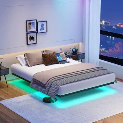 Lit Simple 120x200 cm - Lit Ado Metal avec Éclairage LED et Ports USB, Contrôle Télécommande App, Noir, sans Matelas