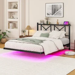 Lit Simple 120x200 cm - Lit Ado Moderne, avec Éclairage LED et Prises USB, Rangements - Noir, sans Matelas