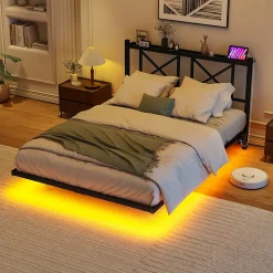 Lit Simple 120x200 cm - Lit Ado Moderne, avec Éclairage LED et Prises USB, Rangements - Noir, sans Matelas