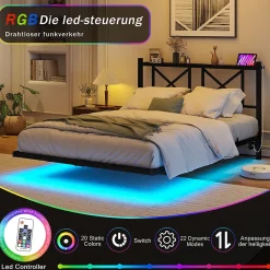 Lit Simple 120x200 cm - Lit Ado Moderne, avec Éclairage LED et Prises USB, Rangements - Noir, sans Matelas