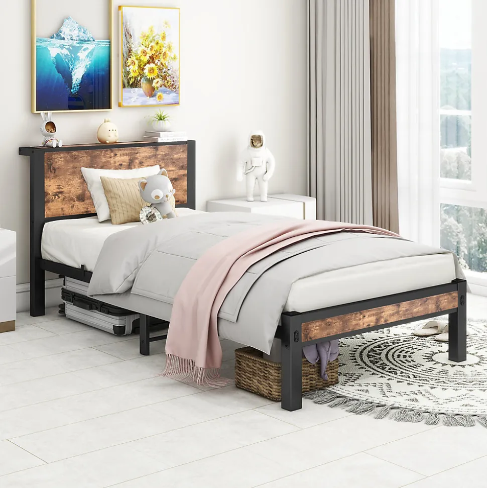 Lit Simple 90x200 cm - Lit Ado Métal avec Tête de Lit Rangement, MDF, Marron - Silencieux et Robuste - Sans Matelas