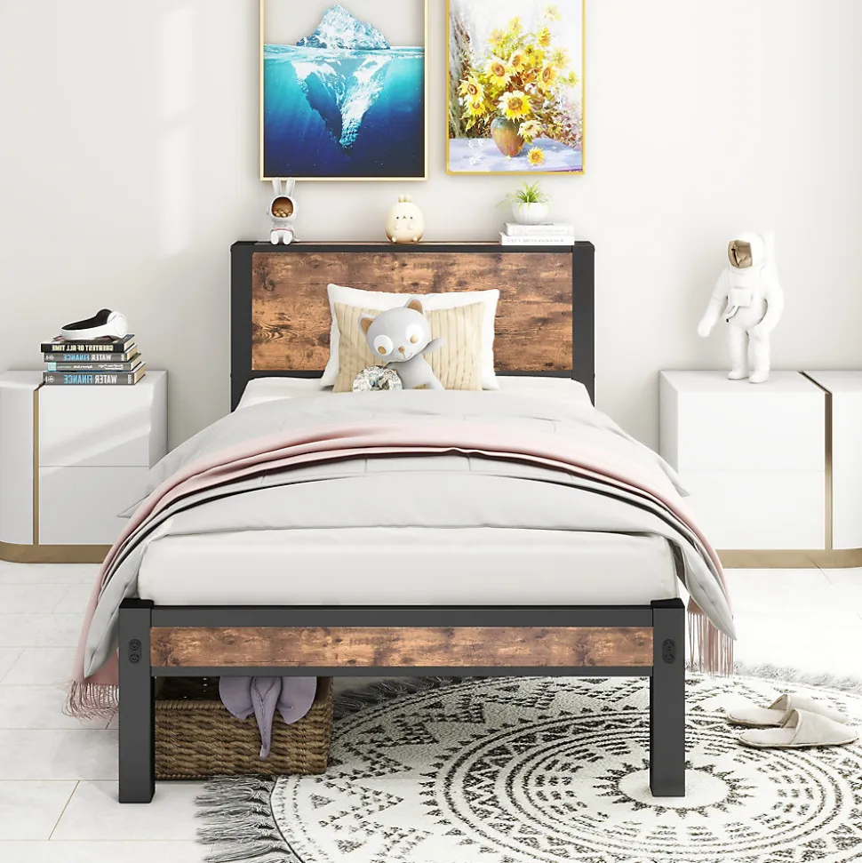 Lit Simple 90x200 cm - Lit Ado Métal avec Tête de Lit Rangement, MDF, Marron - Silencieux et Robuste - Sans Matelas