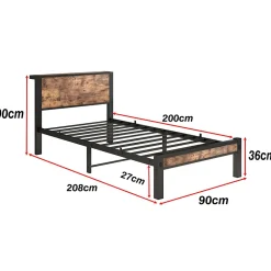 Lit Simple 90x200 cm - Lit Ado Métal avec Tête de Lit Rangement, MDF, Marron - Silencieux et Robuste - Sans Matelas