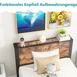 Lit Simple 90x200 cm - Lit Ado Métal avec Tête de Lit Rangement, MDF, Marron - Silencieux et Robuste - Sans Matelas