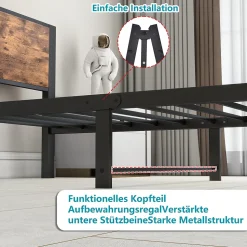 Lit Simple 90x200 cm - Lit Ado Métal avec Tête de Lit Rangement, MDF, Marron - Silencieux et Robuste - Sans Matelas