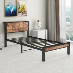 Lit Simple 90x200 cm - Lit Ado Métal avec Tête de Lit Rangement, MDF, Marron - Silencieux et Robuste - Sans Matelas