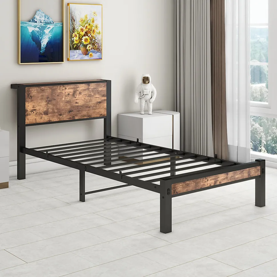 Lit Simple 90x200 cm - Lit Ado Métal avec Tête de Lit Rangement, MDF, Marron - Silencieux et Robuste - Sans Matelas