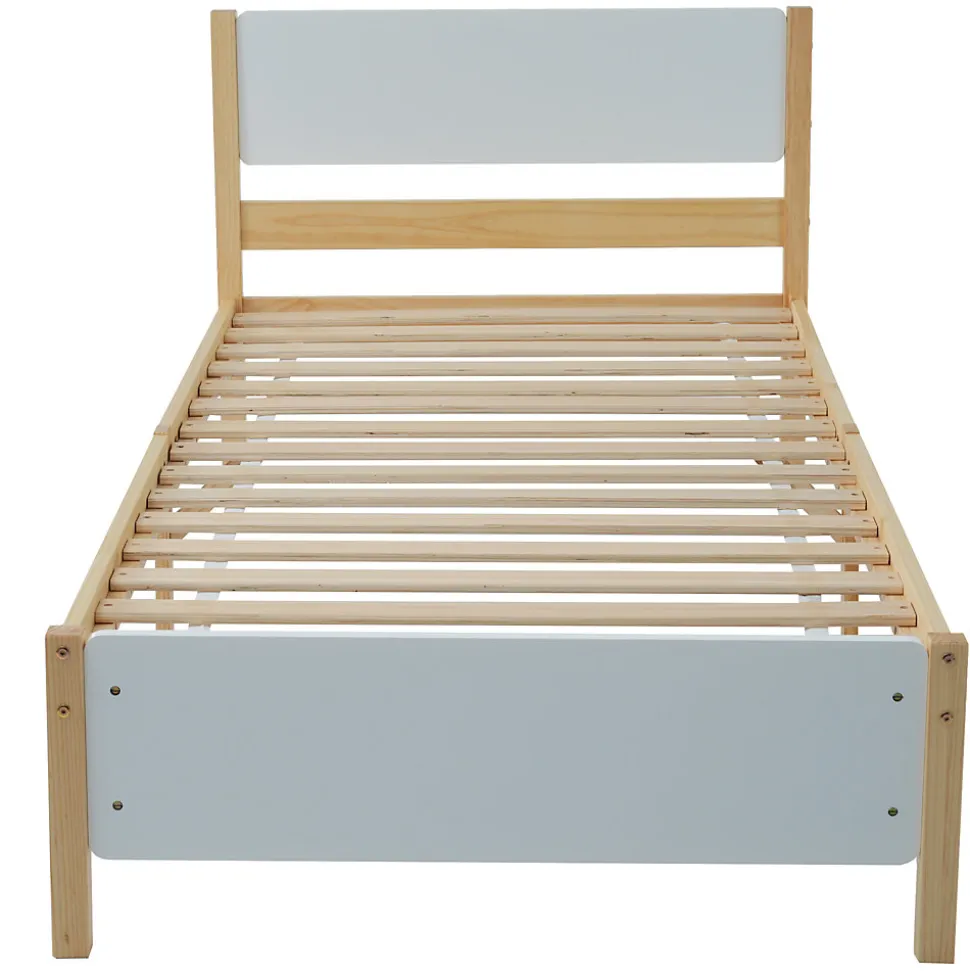 Lit Simple 90x200 cm - Lit Ado ou Adulte Sans Matelas - Bois de Pin Massif - Blanc et Naturel