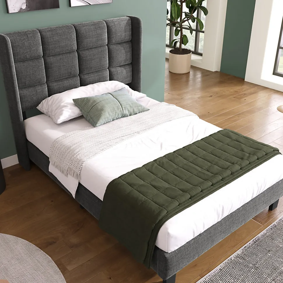 Lit simple 90x200 cm - Lit adulte capitonné avec sommier à lattes - Lin - Sans Matelas - Gris