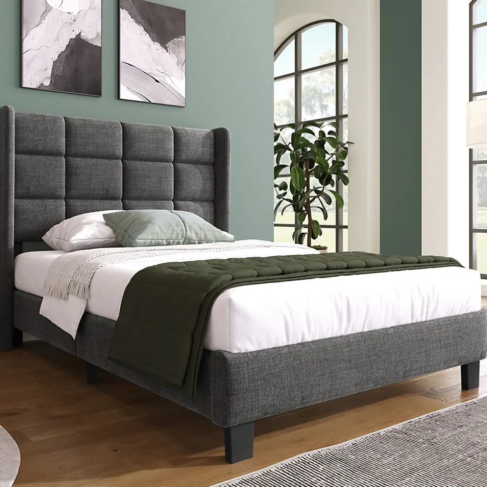 Lit simple 90x200 cm - Lit adulte capitonné avec sommier à lattes - Lin - Sans Matelas - Gris