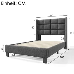Lit simple 90x200 cm - Lit adulte capitonné avec sommier à lattes - Lin - Sans Matelas - Gris