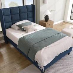 Lit simple 90x200 cm - Lit adulte capitonné avec sommier à lattes - Lin - Sans Matelas - Bleu