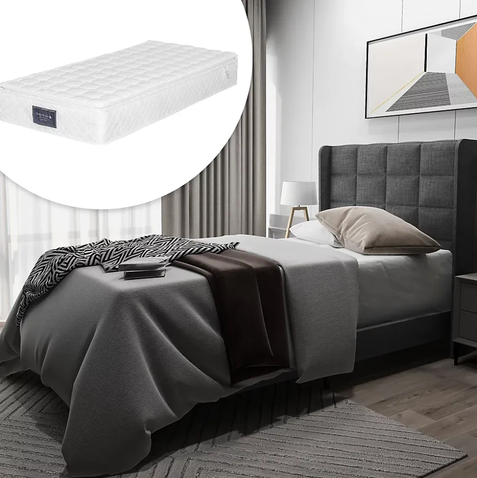 Lit simple 90x200 cm - Lit adulte capitonné avec sommier à lattes - Lin - Matelas Inclus - Gris