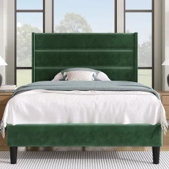 Lit simple 90x200 cm - Lit adulte capitonné avec tête de lit - Lin - Sans Matelas - Vert Foncé