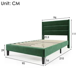 Lit simple 90x200 cm - Lit adulte capitonné avec tête de lit - Lin - Sans Matelas - Vert Foncé