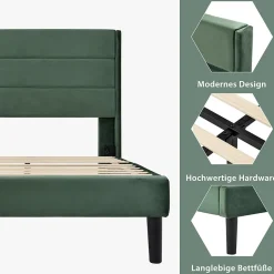 Lit simple 90x200 cm - Lit adulte capitonné avec tête de lit - Lin - Sans Matelas - Vert Foncé