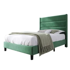Lit simple 90x200 cm - Lit adulte capitonné avec tête de lit - Lin - Sans Matelas - Vert Foncé