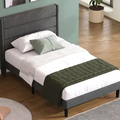Lit simple 90x200 cm - Lit adulte capitonné avec tête de lit - Lin - Sans Matelas - Gris Foncé