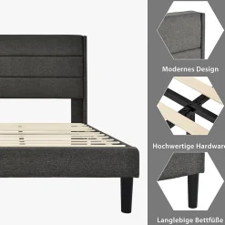 Lit simple 90x200 cm - Lit adulte capitonné avec tête de lit - Lin - Sans Matelas - Gris Foncé